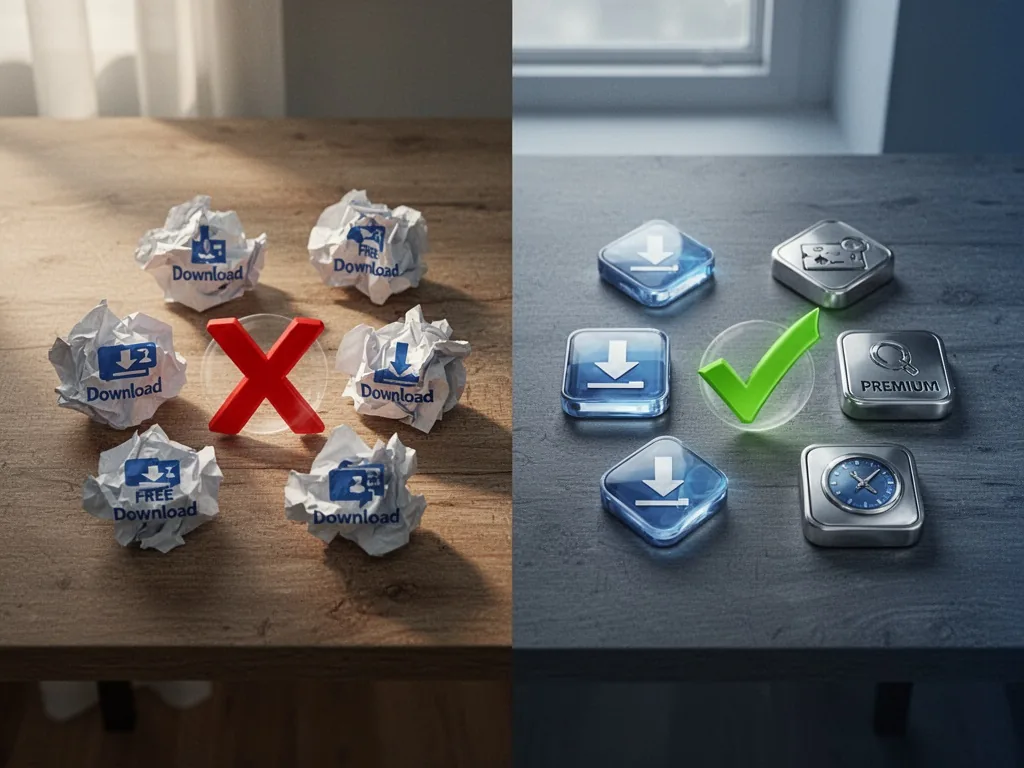 A wooden desk split in two halves, left side with crumpled free download icons and a red X, right side with polished pre