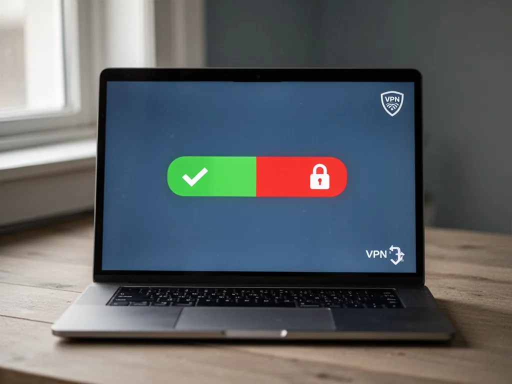 A laptop screen showing a download progress bar, one half green with a checkmark, the other half red with a lock icon, a
