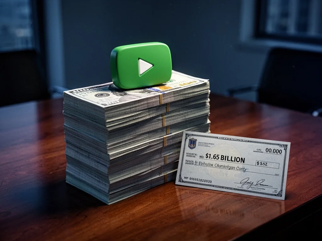 A tall stack of US dollar bills with a green YouTube play button resting on top, a check for $1