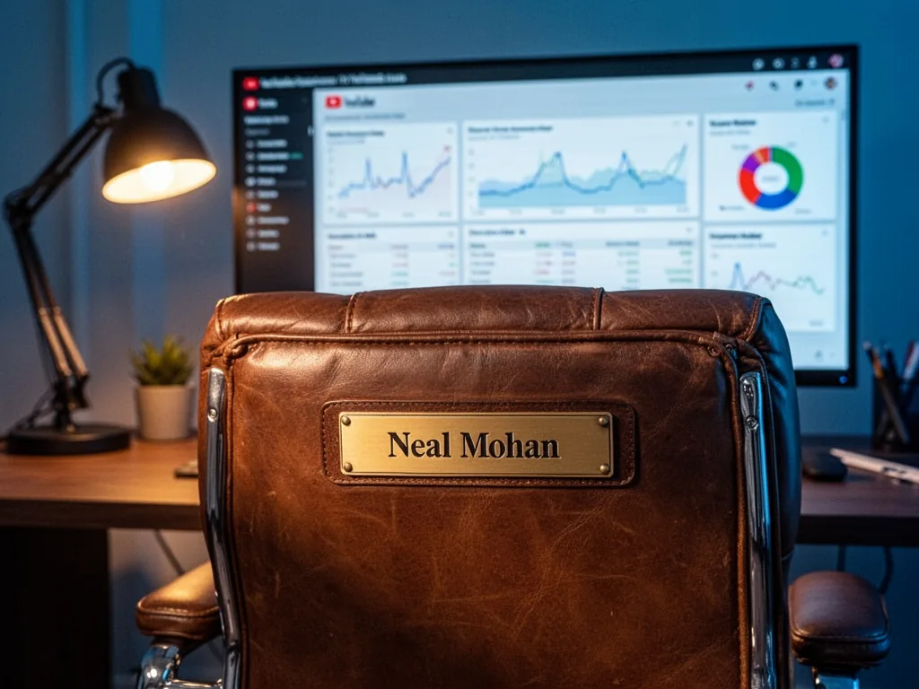 A leather office chair with a brass nameplate reading 'Neal Mohan' in front of a large monitor displaying YouTube analyt