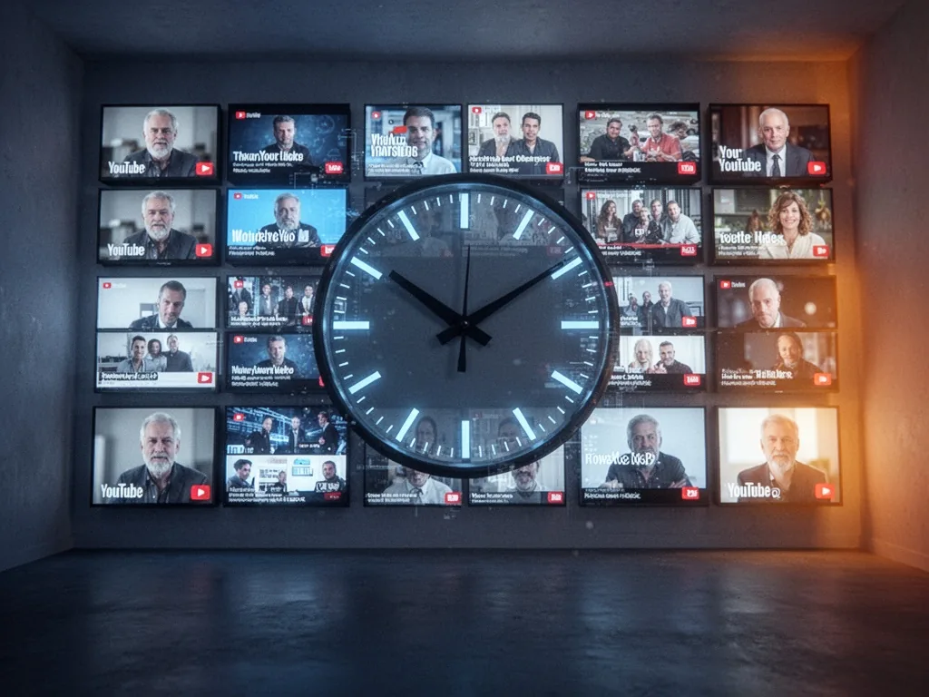 A wall of small video screens each showing different YouTube thumbnails, a large clock face superimposed, the screens ca
