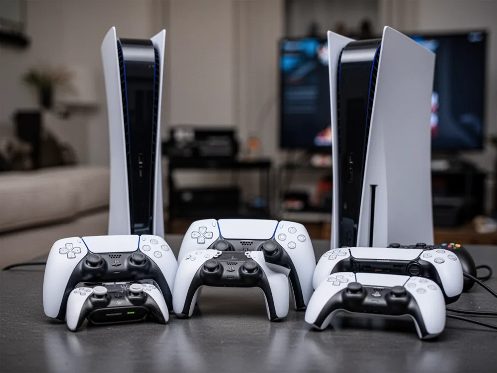 Vue rapprochée d'une manette DualSense, d'un casque posé sur un support et d'un disque SSD externe à côté d'une PlayStation 5