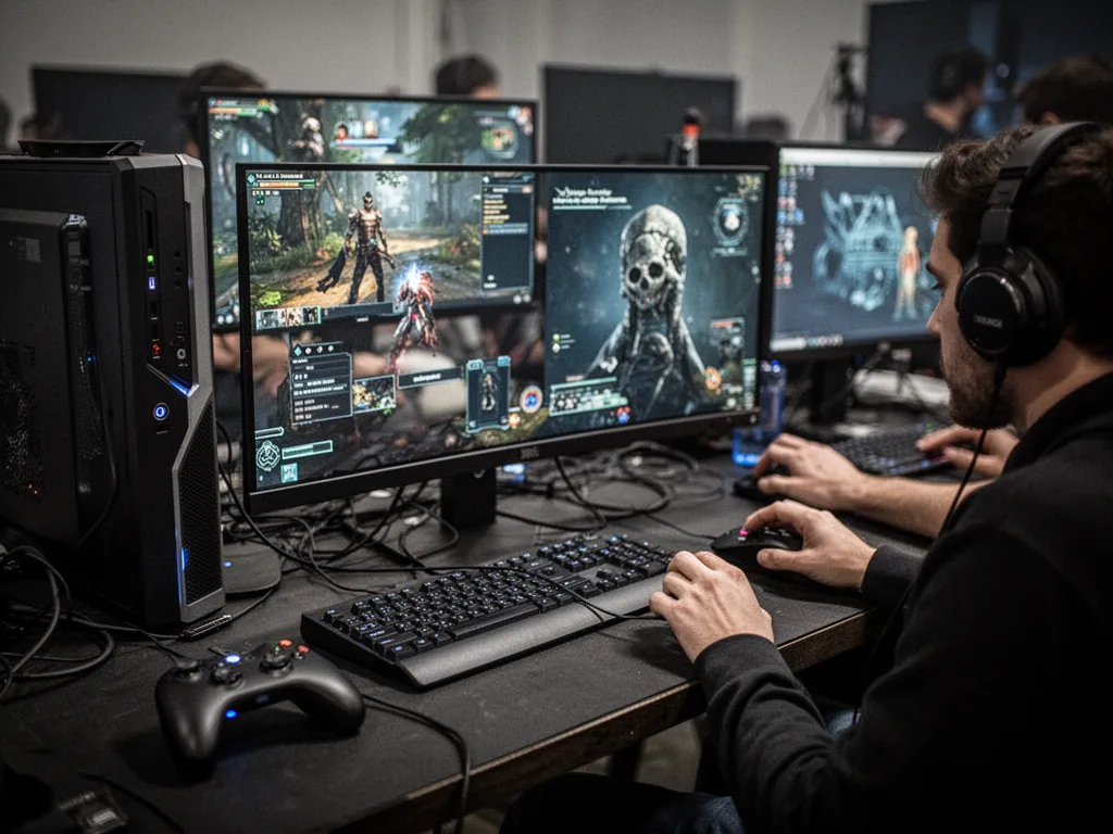 Écran affichant des vignettes d'actualités gaming, bandes-annonces et notes de patch