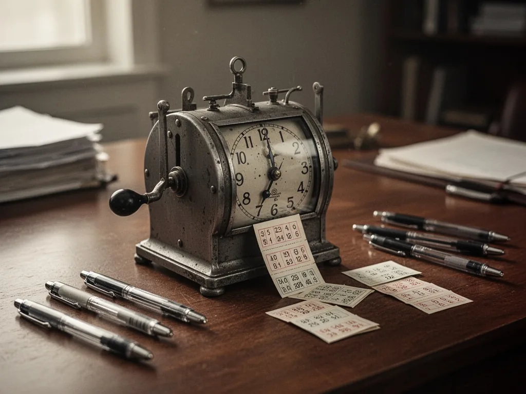 A vintage time clock with metal lever and punched paper cards on a wooden desk, scattered pens nearby, warm office light