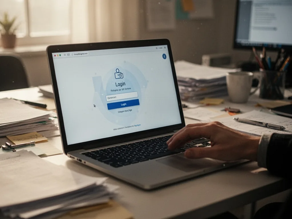 A laptop screen showing a login portal on a cluttered desk, a hand hovering near the keyboard, soft afternoon sunlight