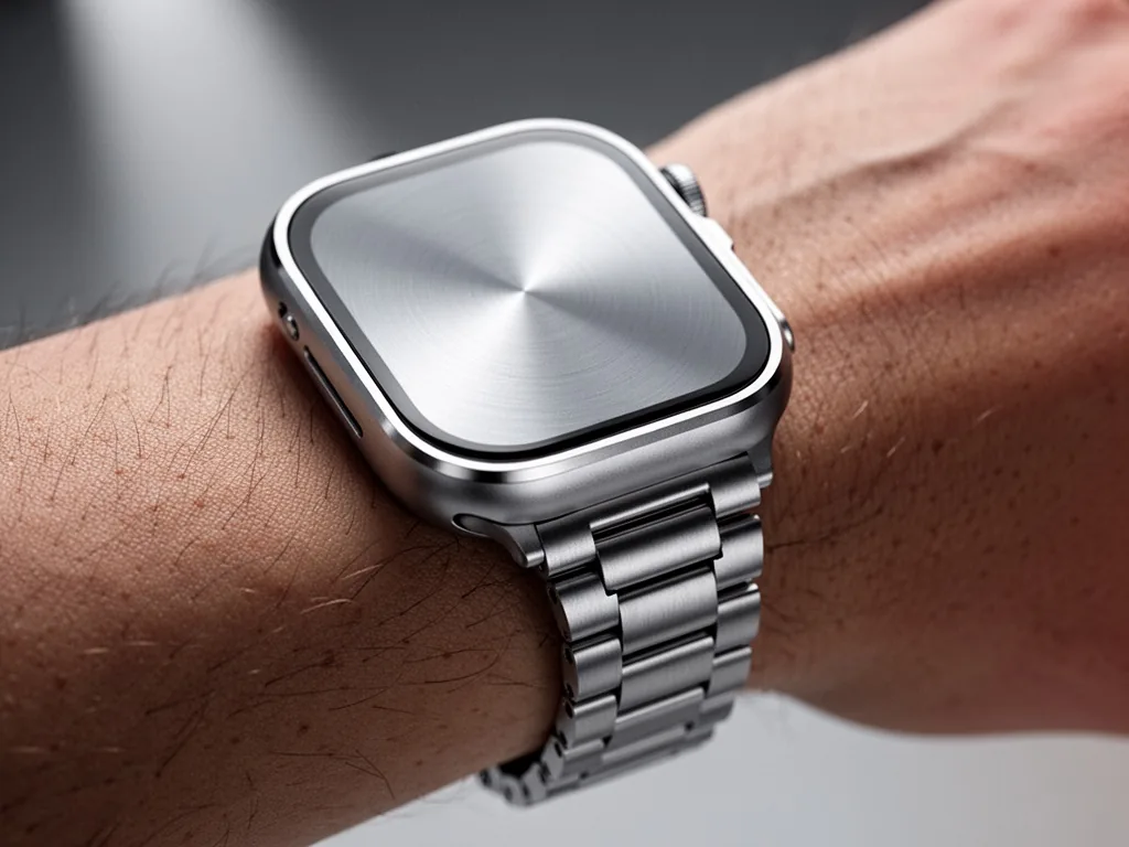 A wrist wearing an Apple Watch Ultra 2 with a titanium bracelet, close-up view, brushed titanium surface reflecting soft