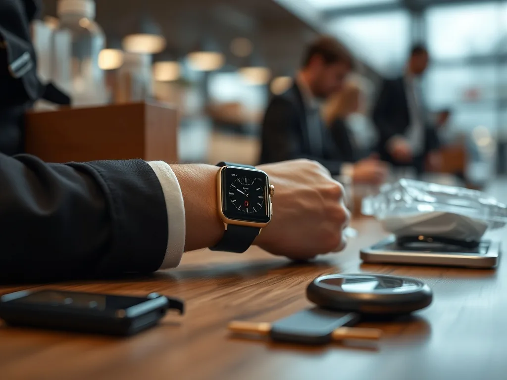 Bracelet milanais en titane noir fixé à une Apple Watch Ultra 2 sur un desk gaming, avec éclairage tamisé.