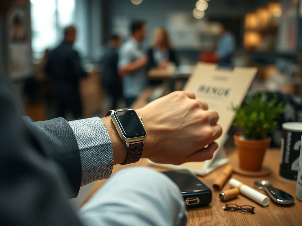 Trois bracelets Apple Watch côte à côte: un en silicone noir, un en nylon tressé vert, un en cuir marron, posés sur une table en bois à côté d'une montre Series 9.
