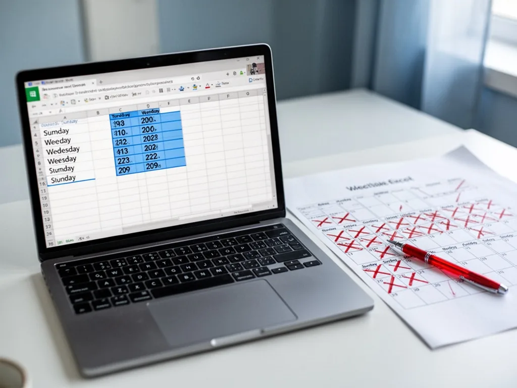A laptop screen showing an Excel spreadsheet with weekday dates highlighted in blue, a red pen crossing out Sunday colum