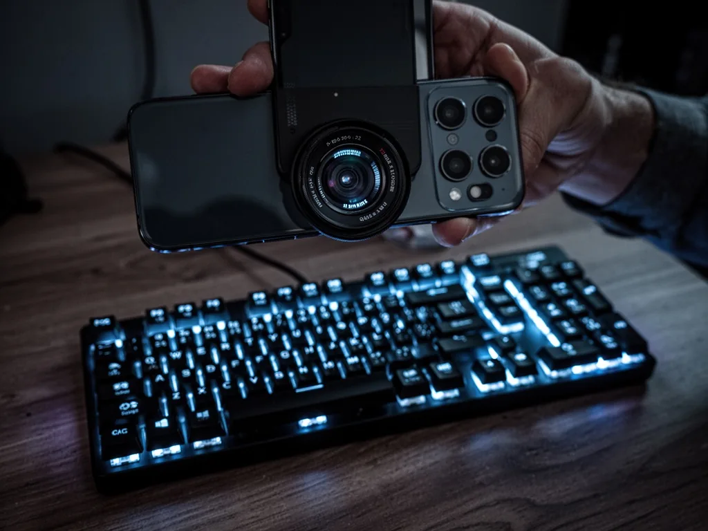 A smartphone held above a wooden desk, its zoom lens focused on a glowing gaming keyboard with crisp keycaps, dim side l
