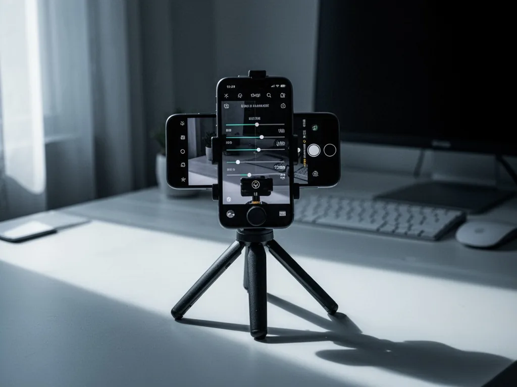 A tripod-mounted smartphone aimed at a clean desk setup, camera app showing sliders, soft window light casting gentle sh