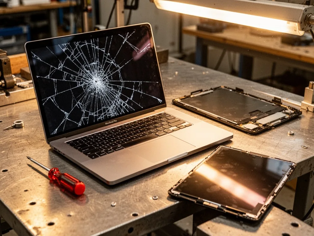 A MacBook Pro with a cracked screen lying open on a workbench, a screwdriver and replacement display panel beside it, br