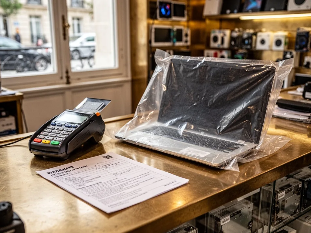A Paris electronics shop counter with a credit card terminal, a sealed laptop screen part in a clear bag, and a warranty