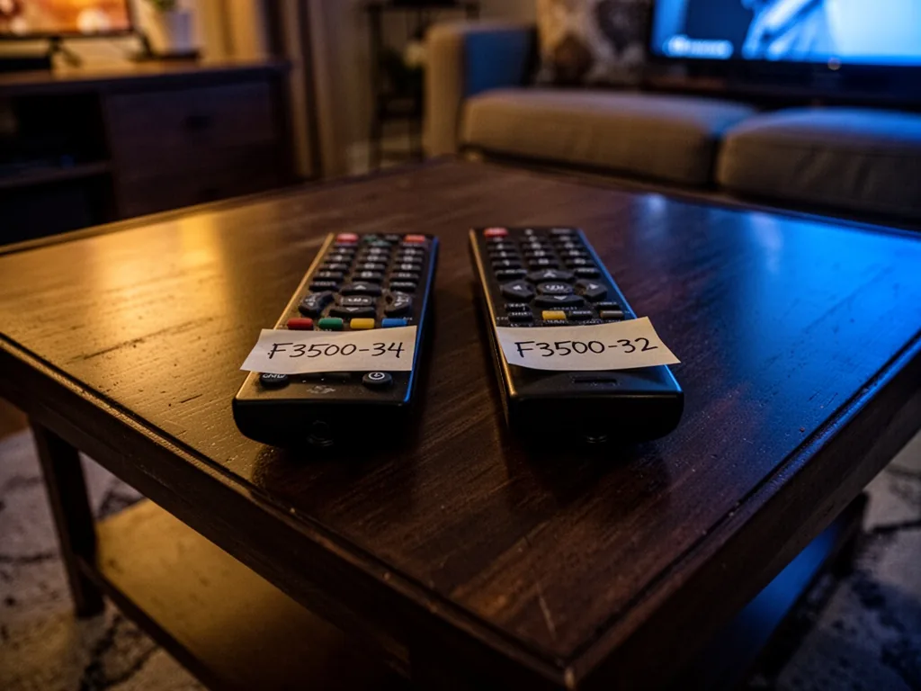 Two TV remote controls side by side on a dark wooden coffee table, one with a sticky note labeled F3500-34, the other F3