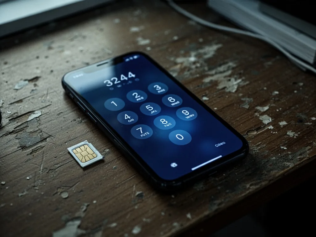 A smartphone tilted on a worn wooden desk, dial pad glowing with numbers 3244, a single SIM card ejected beside it, dim