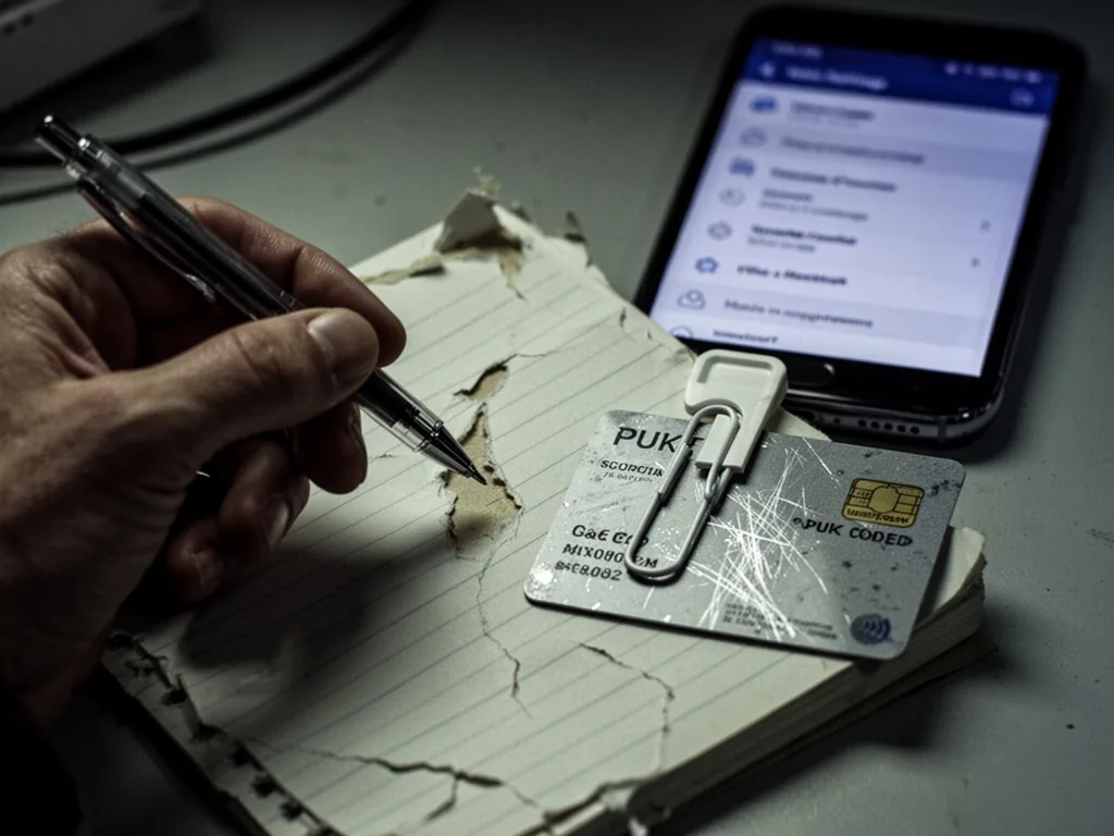 A hand holding a pen over a torn notepad, a white paperclip securing a scratched PUK code card, phone screen with settin