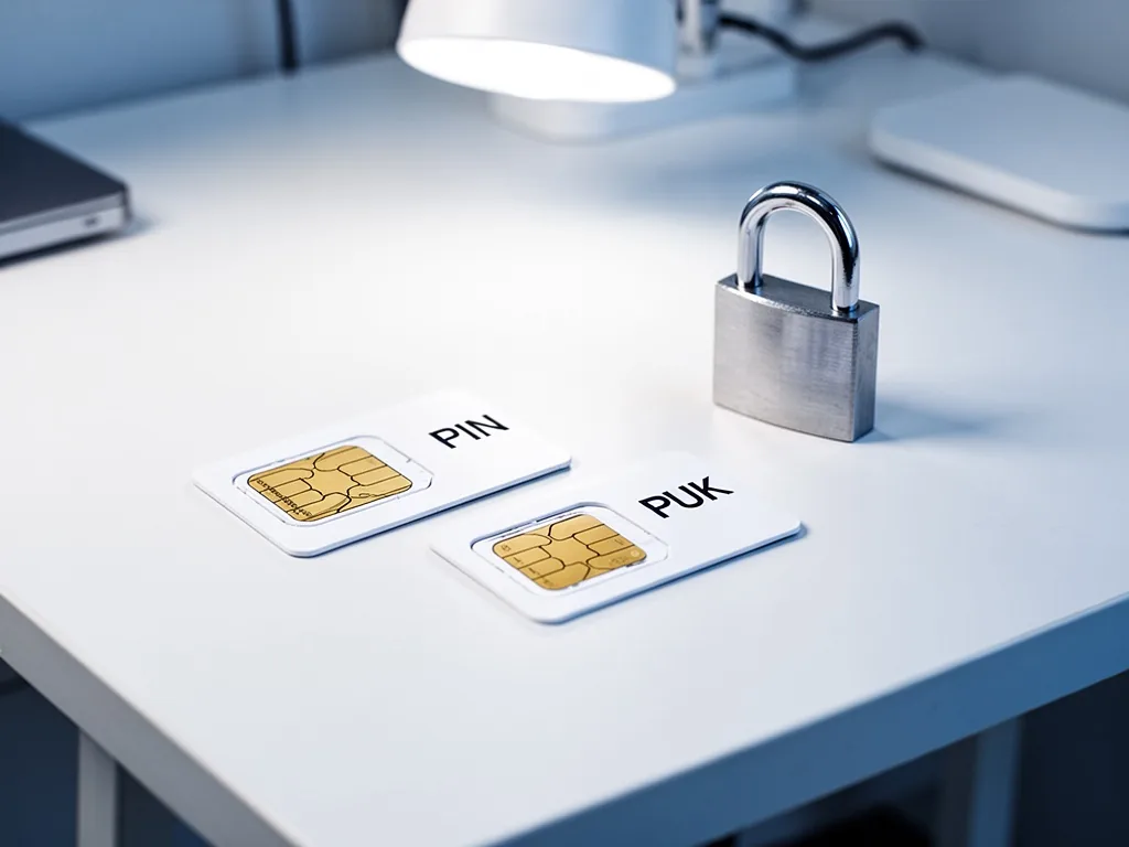 Two SIM cards lying on a white desk, one labeled PIN, one labeled PUK, small metallic padlock beside them, soft overhead