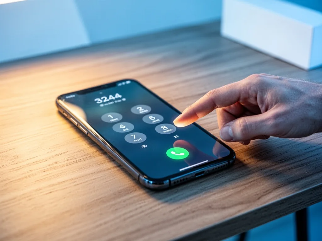A smartphone on a wooden table, screen showing dialed number 3244, a finger reaching toward the call button, warm ambien