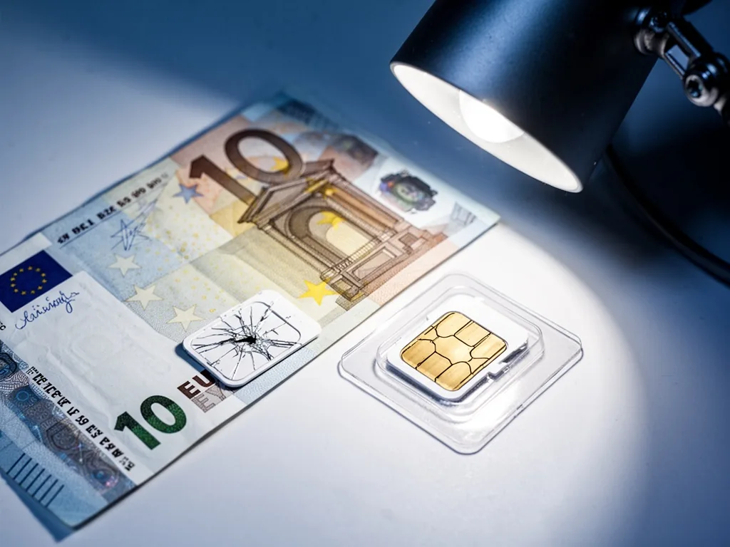 A cracked SIM card next to a 10 euro banknote and a new SIM card in its plastic packaging, harsh desk lamp casting sharp