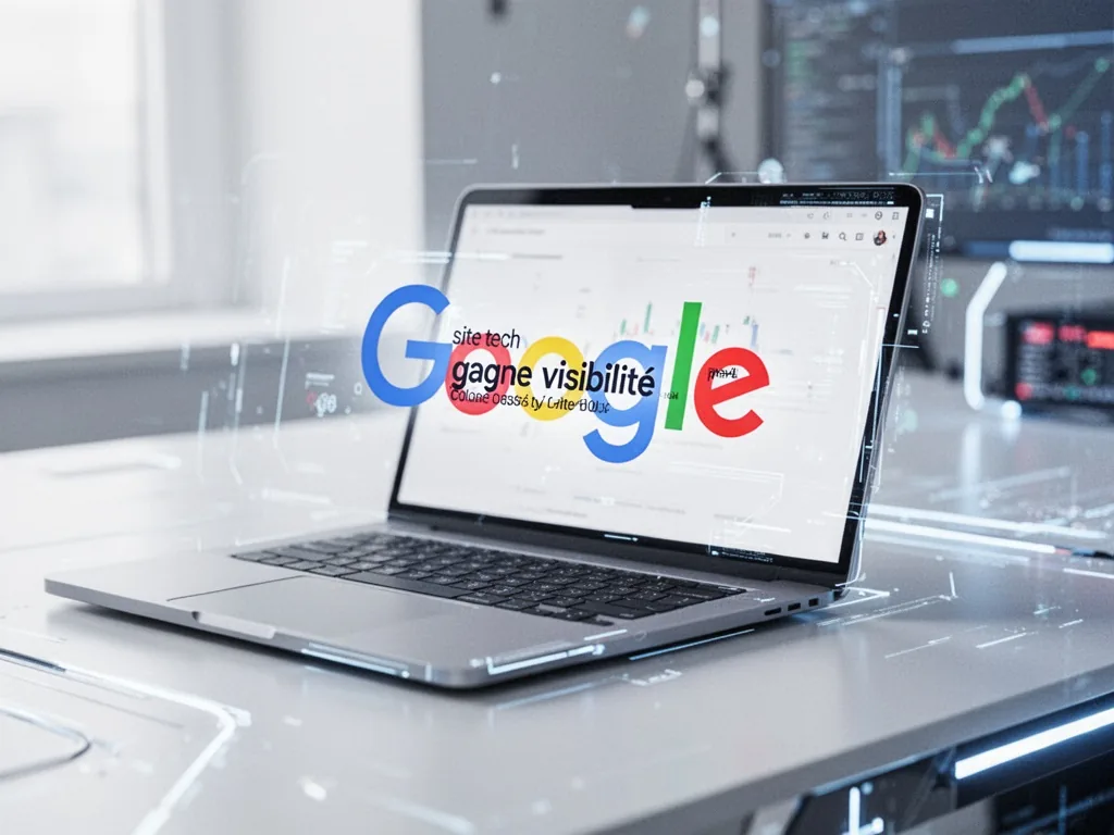 Un écran de bureau affichant des statistiques de visibilité, des pages web et des icônes de référencement