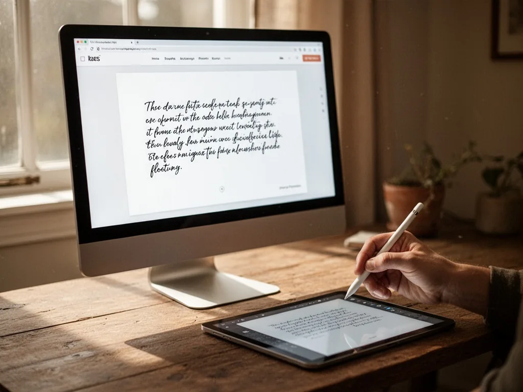 A computer monitor showing a website interface with a handwritten-style text sample, a hand holding a stylus hovering ov