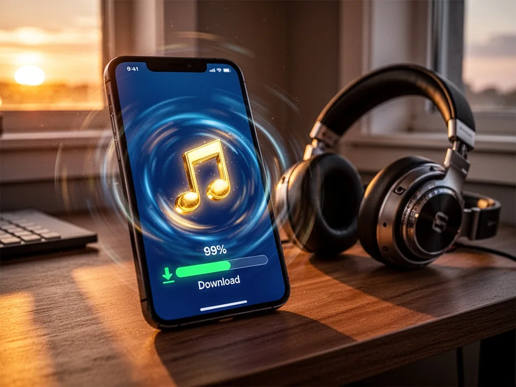 A smartphone screen with rapid motion blur around a download progress bar at 99%, a glowing golden music note icon, high