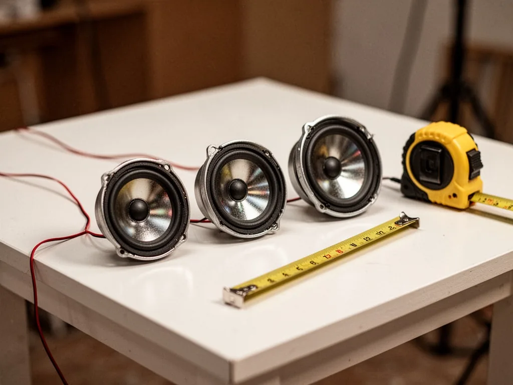 Three miniature audio speakers of increasing size on a pristine white table, connected by a thin red wire, a yellow tape