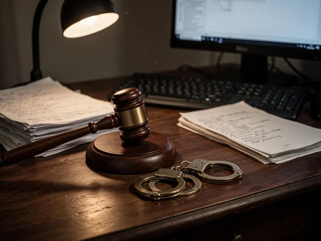A judge's wooden gavel and brass handcuffs on a dark oak desk, a stack of papers with handwritten notes, a computer keyb