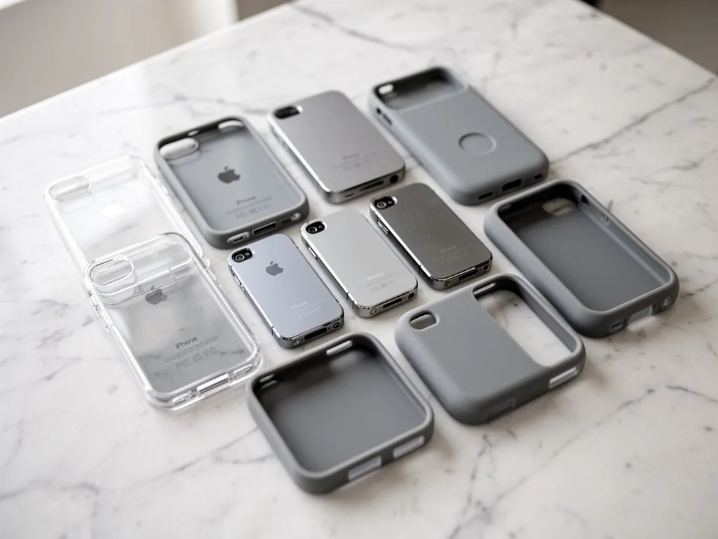 A collection of iPhone 4 back covers in plastic, metal, and silicone arranged on a white marble surface, soft natural li