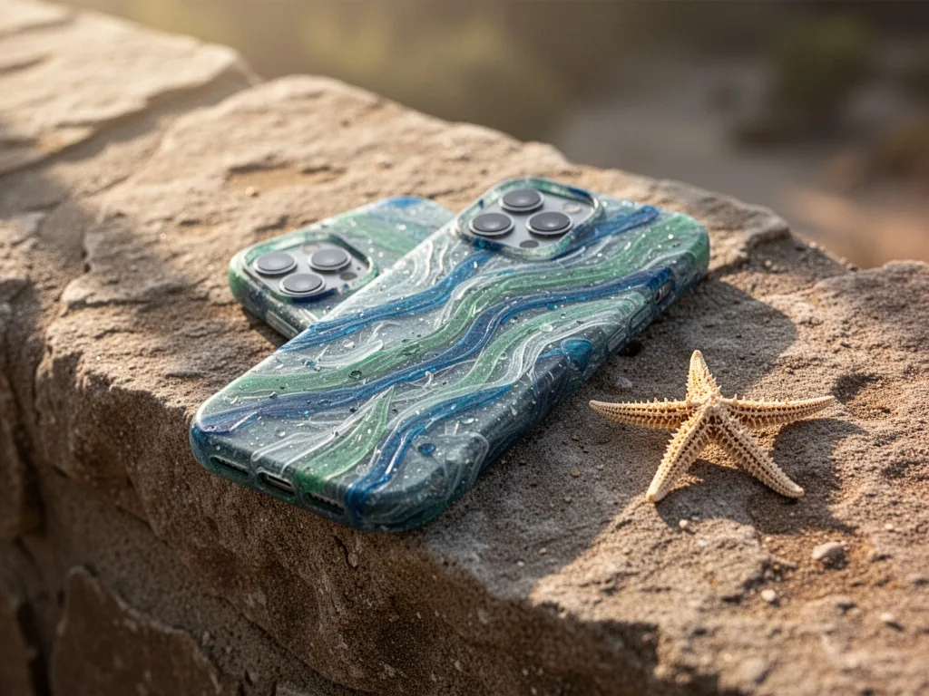 A recycled ocean plastic iPhone 15 Pro case with marbled blue-green streaks, placed on a rough stone ledge, morning sunl