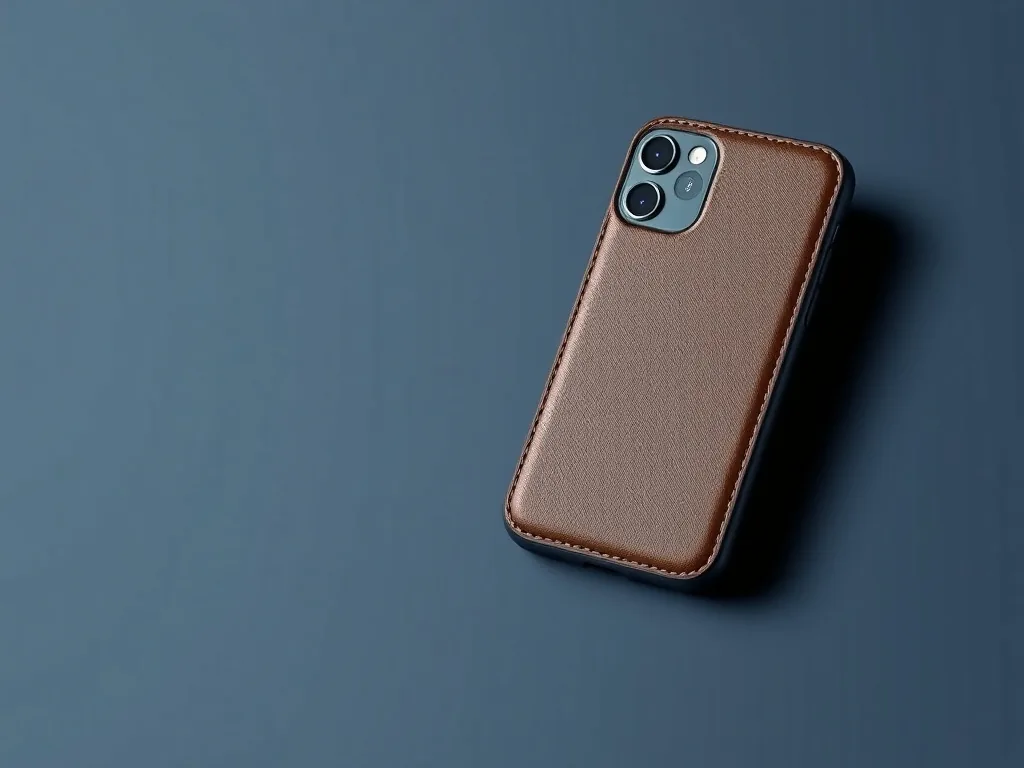 Coque iPhone 15 Pro en cuir noir posée sur une surface en bois