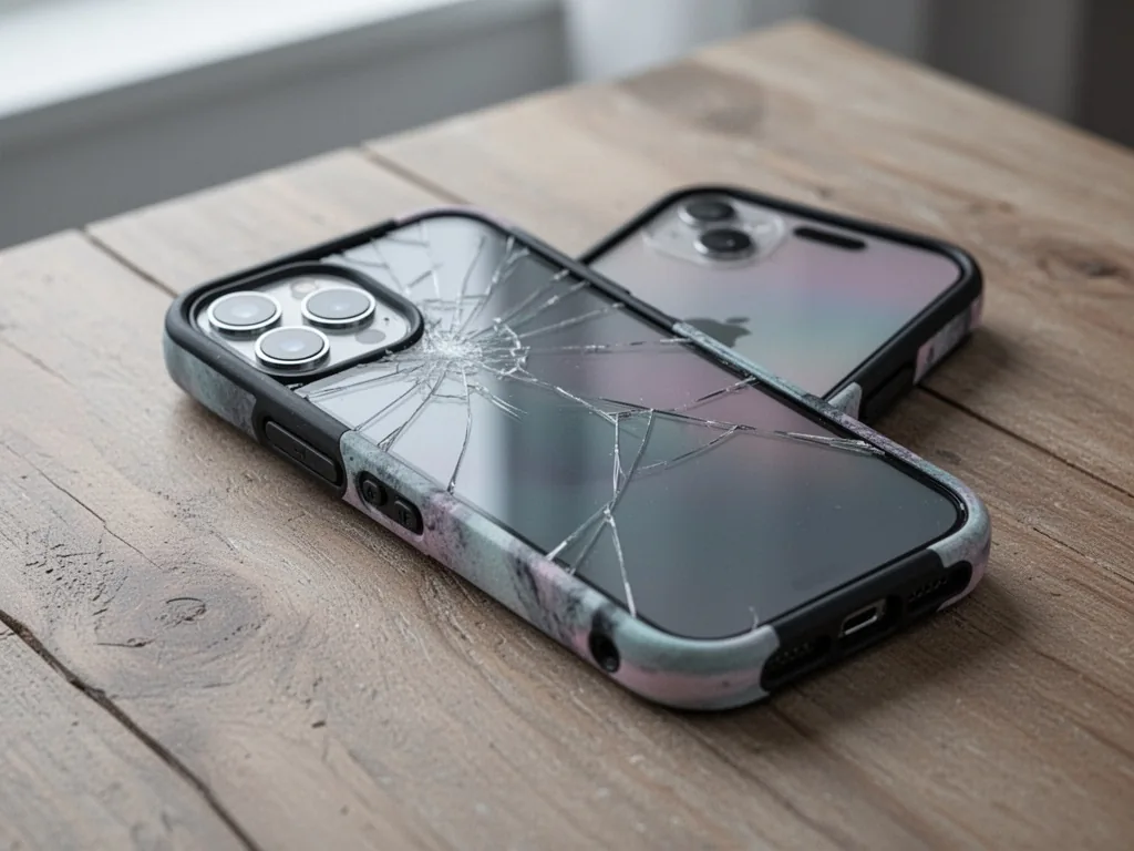 An iPhone 15 Pro Max in a custom case lying on a wooden table, a fine crack spidering across the exposed top screen edge