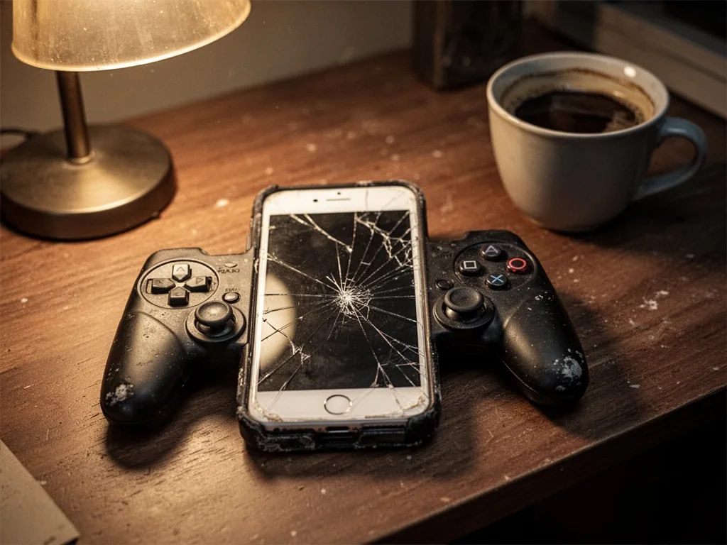 An old iPhone 6 Plus inside a worn black gamepad case with rubber grips, cracked screen glowing softly, resting on a woo
