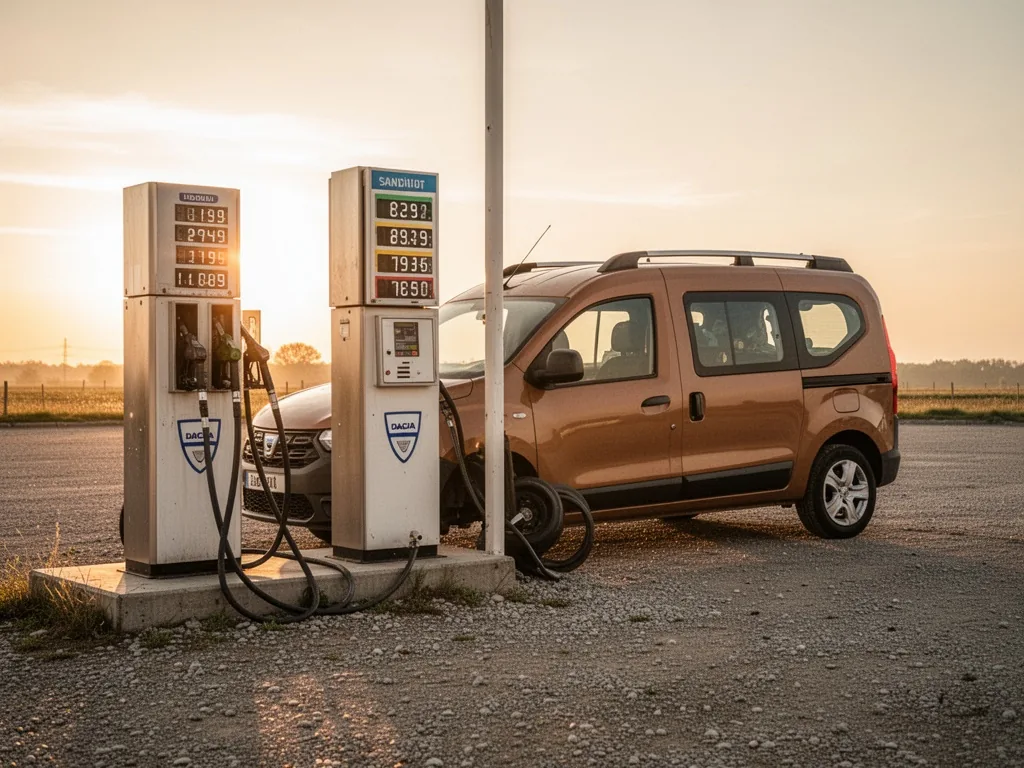 A Dacia Sandman van parked beside a fuel pump with a low price sign, golden hour sunlight, gravel lot, empty surrounding