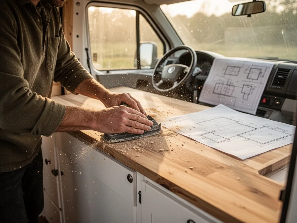 A person's hands sanding a wooden countertop inside a white camper van, sawdust particles in soft morning light, bluepri