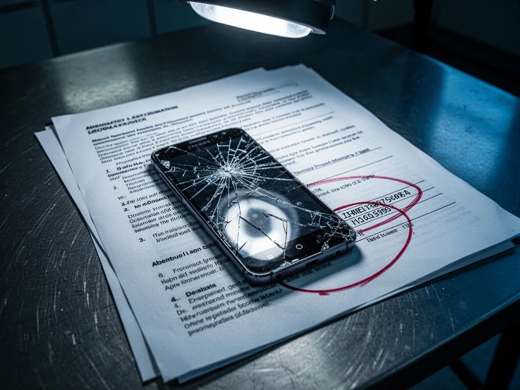 An Android smartphone with cracked screen on a legal contract, IMEI number circled in red ink, steel table, dim overhead