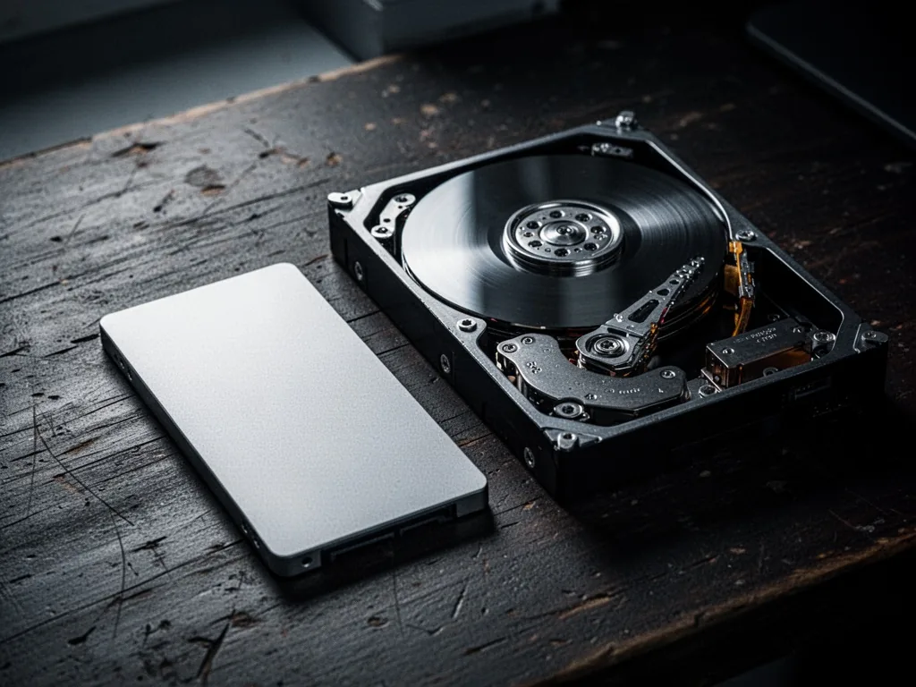 A slim silver SSD lying next to an open mechanical hard drive exposing its circular platters and read-write arm, on a da