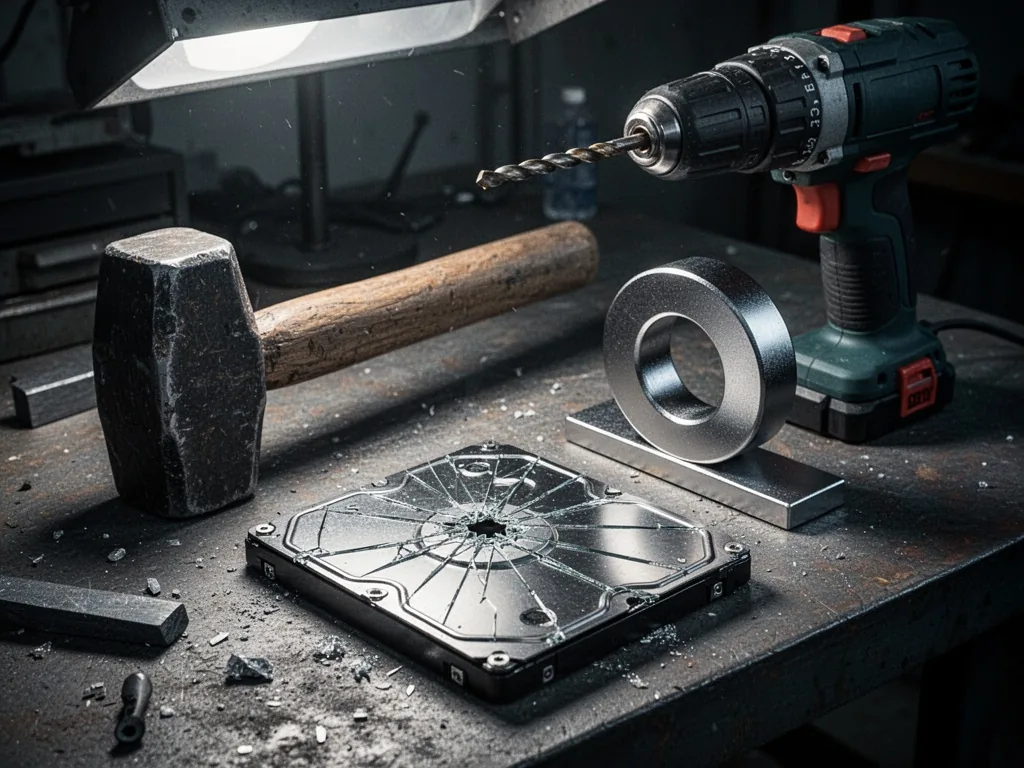 A heavy sledgehammer, a power drill with a bit, and a large neodymium magnet on a workbench, a cracked hard drive beneat