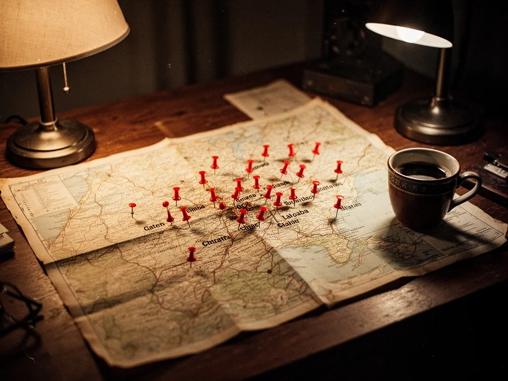 A vintage paper map spread on a wooden desk, red pushpins marking city locations, a coffee cup beside it, dim lamp glow