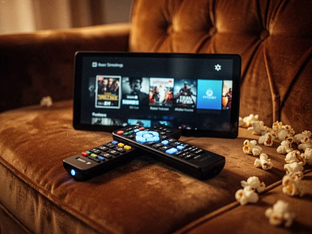 A glowing TV remote resting on a velvet sofa, a streaming interface reflected in the dark screen, popcorn scattered near