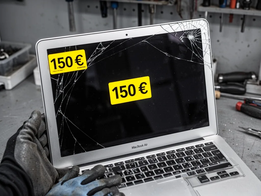 A MacBook Air screen with a cracked glass edge and a yellow discount sticker reading 150 euros, held by a gloved hand, w