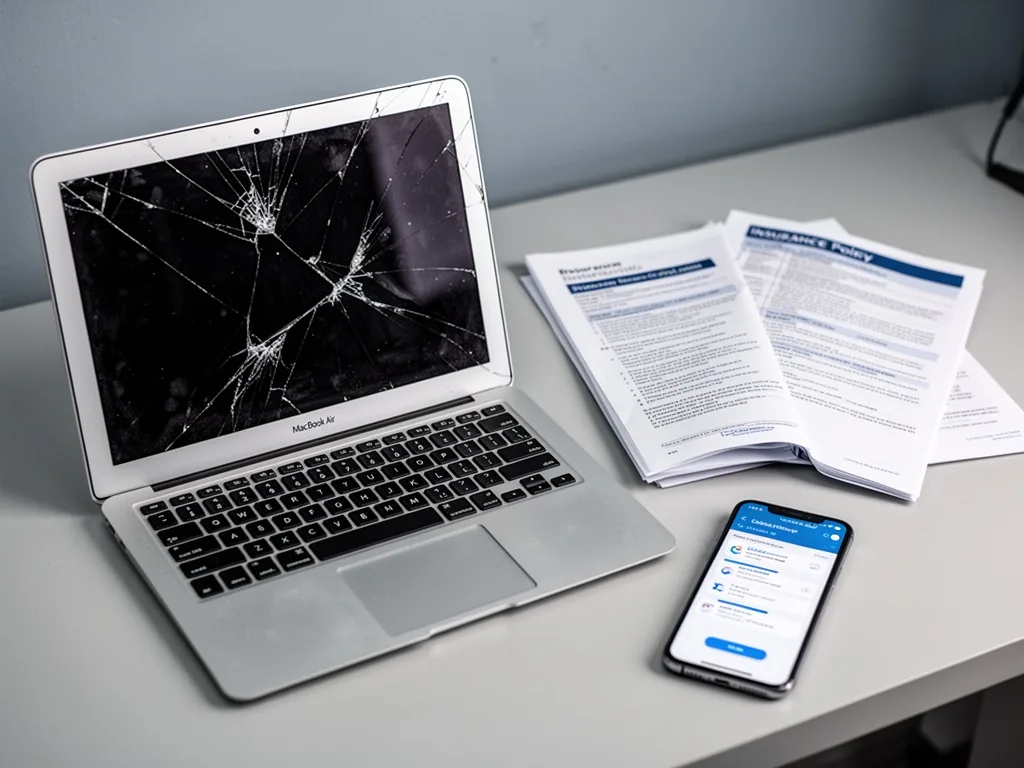 A damaged MacBook Air screen on a desk next to an open insurance policy folder and a smartphone displaying a claims app,