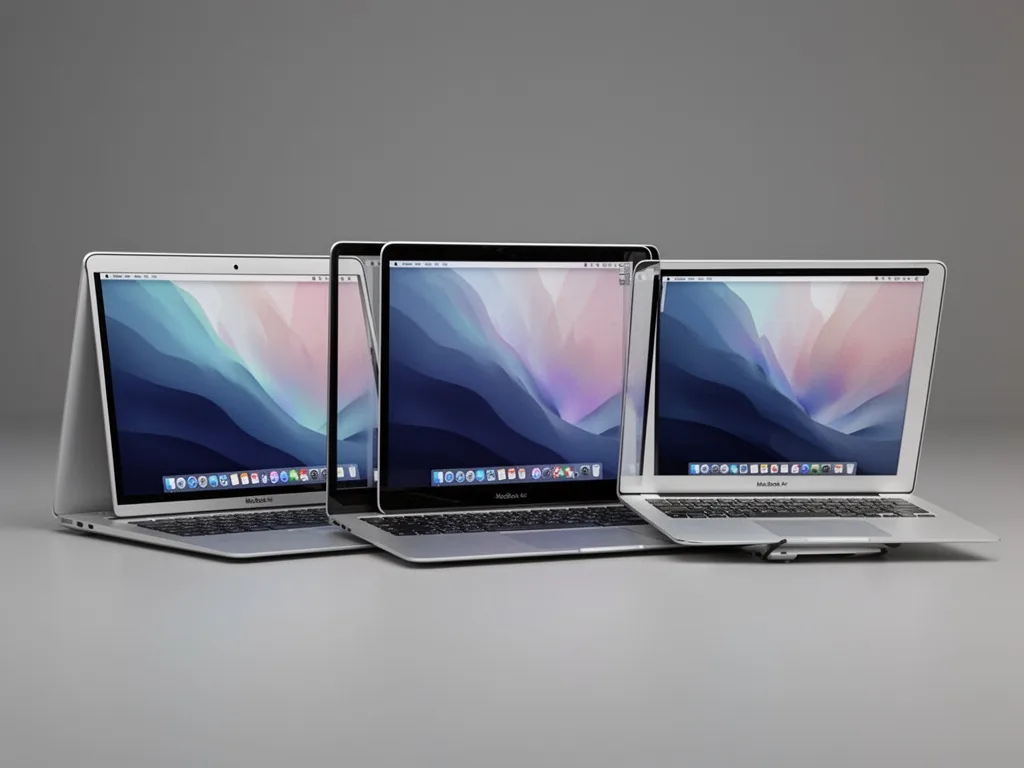 Three Apple MacBook Air laptops from different years lined up, their screens showing distinct resolutions and bezel thic