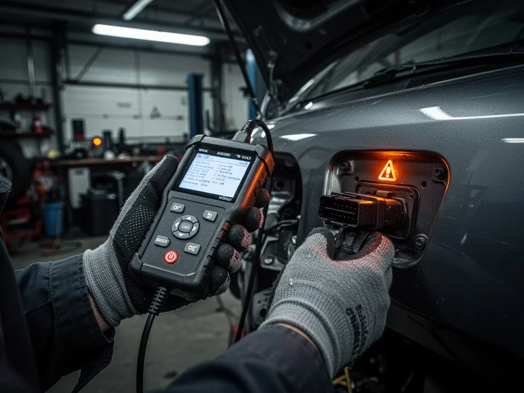 A pair of gloved hands holding an OBD2 scanner plugged into a car's diagnostic port, dashboard warning light glowing ora
