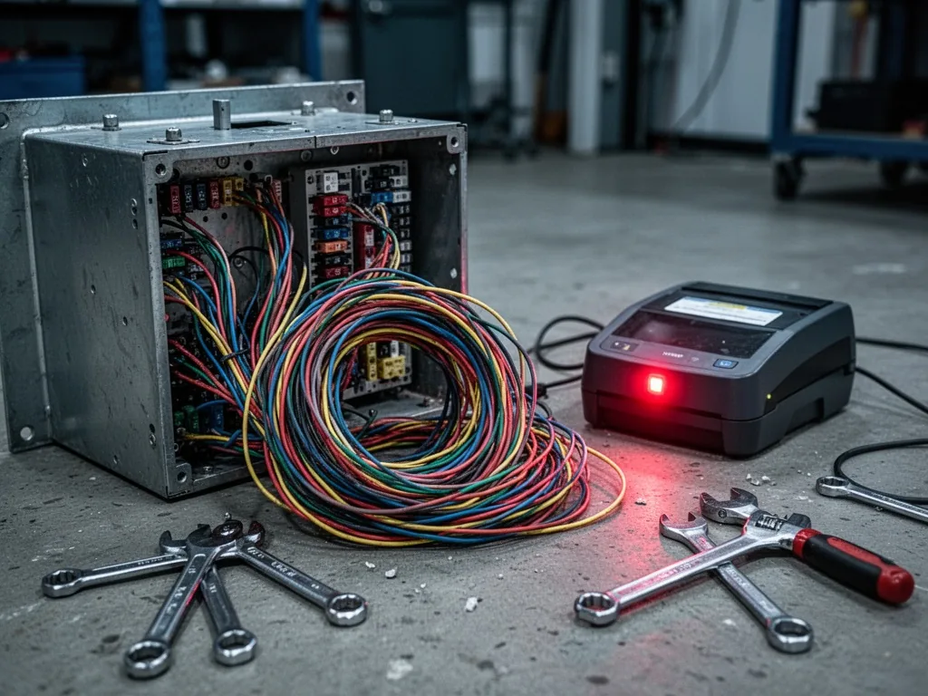 A tangled coil of colored wires spilling from an open fuse box, a single red LED blinking on a disconnected scanner, sca