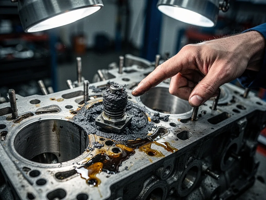 A mechanic's finger pointing at a carbon-caked sensor on a dismantled engine block, metal surfaces reflecting harsh over