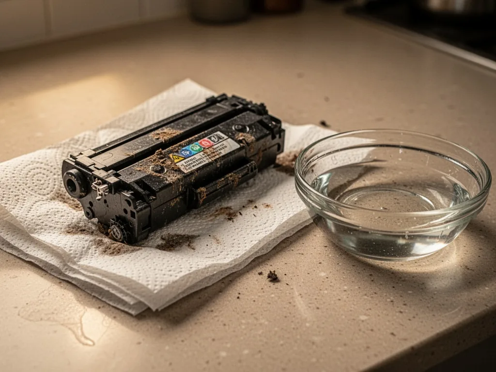 A dried printer ink cartridge resting on a folded paper towel, a shallow glass dish with clear liquid beside it, soft wa