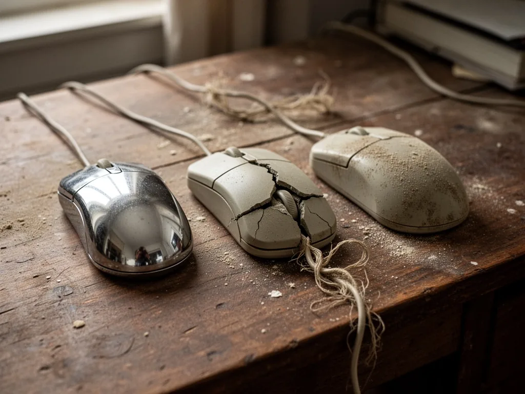 Three vintage computer mice on a worn wooden desk: one shiny and intact, one cracked with frayed wire, one dusty, soft w