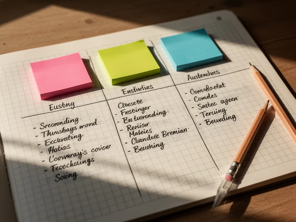 A handwritten comparison table on graph paper with three colored sticky notes above each column, a pencil resting nearby