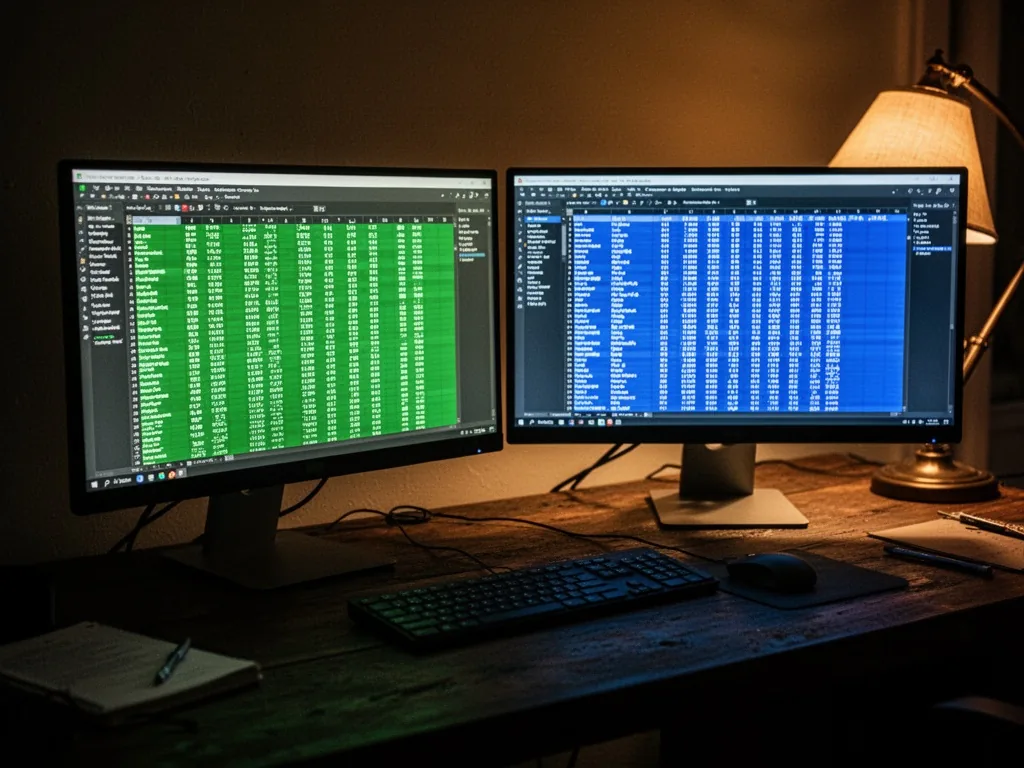 Two computer monitors side by side on a dark wooden desk, one showing green spreadsheet columns, the other showing blue